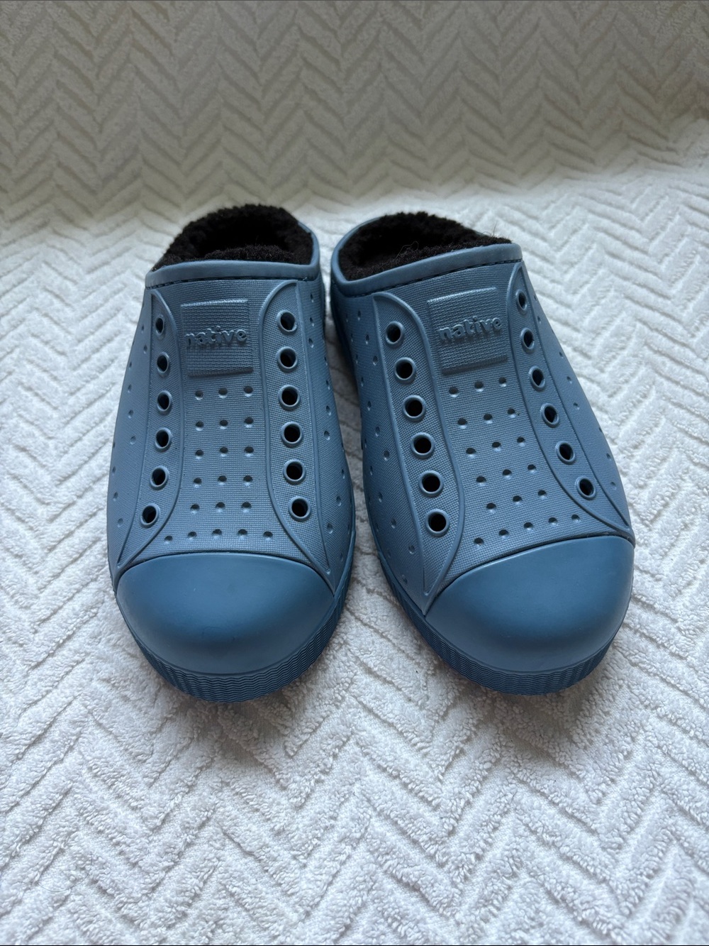 Native Blue Slip-On Clogs with Black Fleece Lining